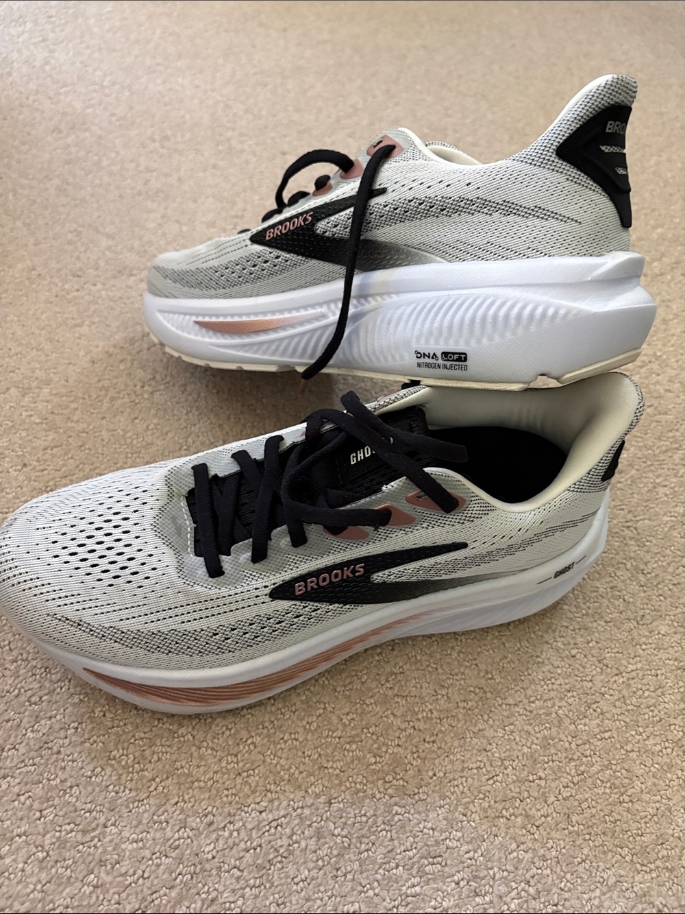 Brooks Women’s White Running Shoes with Black and Rose Gold Accents